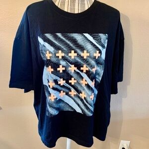 NWT BP + Wildfang Tee 1X Black 100% Organic Cotton Light Blue Peach Plus Print